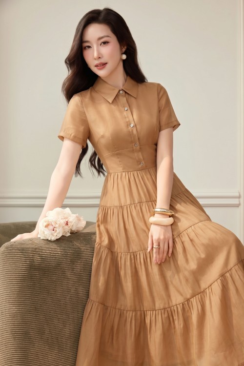 Sixdo Light Brown Organza Flared Dress